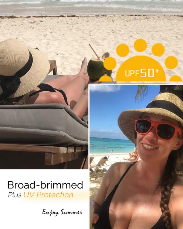 Dame solhat i strå med UV-beskyttelse, sammenfoldelig bred skygge, sommerhat (56-58 cm)
