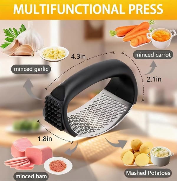 Garlic Press with Ergonomic Curved Handle, Stainless Steel, Easy to Clean, Black