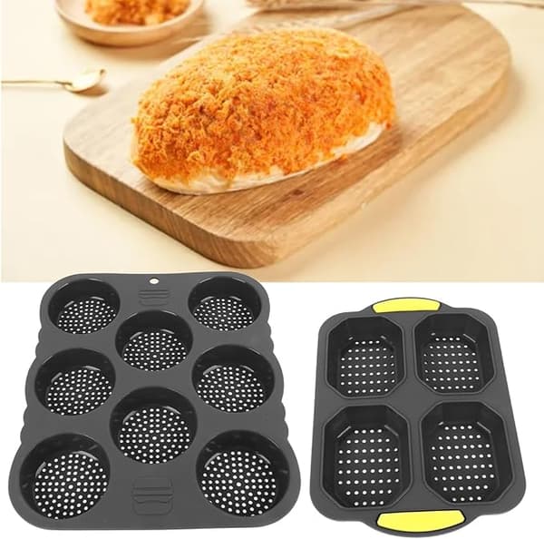 Fockety 8+4 Hull Hamburgerbrød Silikonform, Perforert Nonstick Hamburgerbrødform Rund Bakeplate med Holder Brødbaker for Baking
