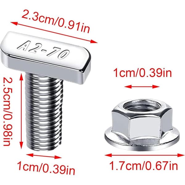 T-slot bolts, sliding hammer head, for track systems, steel with threaded nuts, adjustable fastener for rack mounting projects