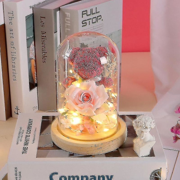 Rose Lovely Bear In Heart Glass Dome With Led Light Home Decor Valentine"s Day