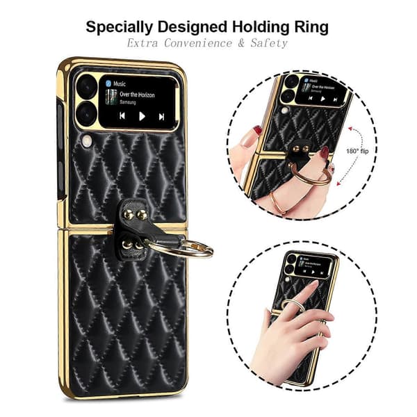 For Samsung Galaxy Z Flip4 Diamond Grid Simple Leather Ring Phone Case