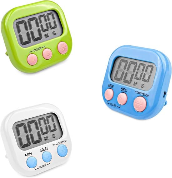 3-pak digitale æggeure med magnetisk base og foldbart stativ, stor LCD-skærm, hvid, blå, grøn