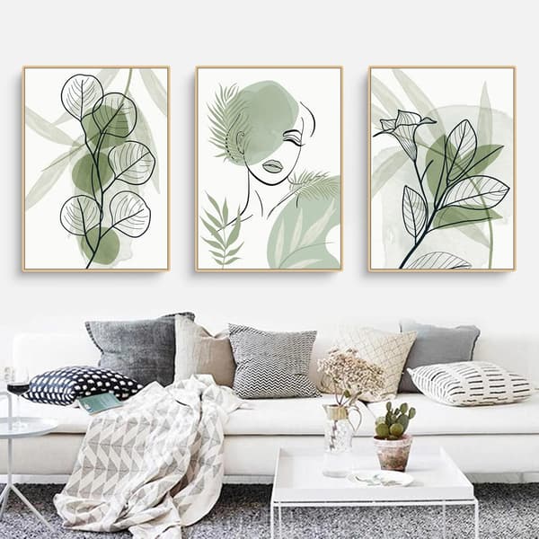 Set med 3 premiumkvalitetsposters - Abstrakt grön bladdesign - Canvasmålning - Ramlös väggkonst - 40 x 50 cm