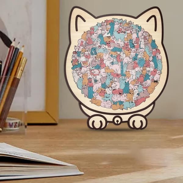 Kattträpussel, 135 bitar unikt djurformat träpussel med kattformad ram, present till kattälskare, heminredning c C(Ho) C C