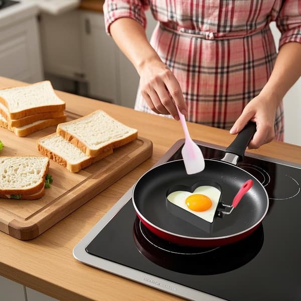 3 stk Hjerteformede Eggringer med Oransje Håndtak, Non-Stick Pannekakeprodusent, Svart