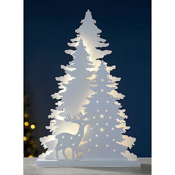 Joulukuusi ja poro -pöytäkoriste, valaistu, puu, 30 cm - Valkoinen 1 kpl