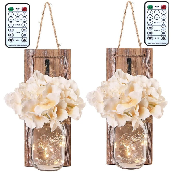 2 stk Led Fairy Lights, Vintage Mason Jar Wall Sconce Light With Artificial Flower Wood Decoration, Rustikk Vegglampe String Light , Wedding Bedroom Wa