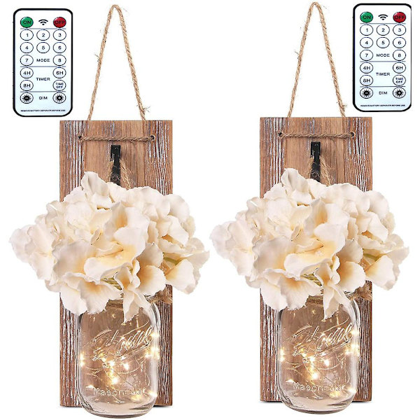 2 stk LED-feelysslynger, Vintage Mason Jar Vegglampe med Kunstig Blomst Tredekorasjon, Rustikk Vegglampe Lyslenke, Bryllup Soverom Vegg