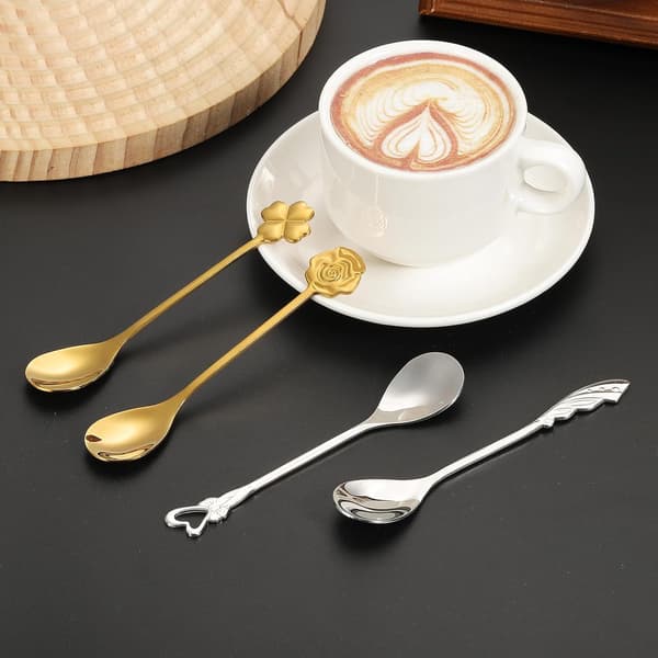 Kaffeskesæt med 4 dele - 4 unikt formede 304 rustfri stål teskeer til espresso, dessert og te, sølv sølv Silver