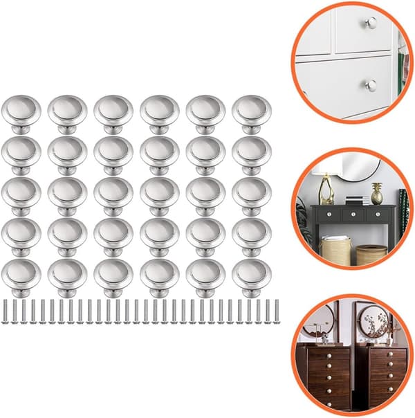 Cabinet Knobs Kitchen Cabinet Handles Stainless Steel Round 30 Pcs with Comfortable Silver Finish Suitable