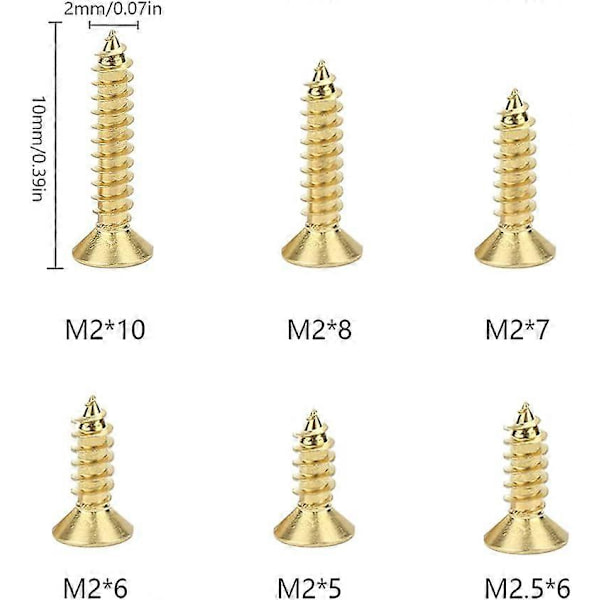 1200 Dele Små Hængsler Træskruer M2/M2.5 Små Messingskruer 5/6/8/10 mm Små Flade Hoved Krydsskruer Sortiment - Guld [Db]