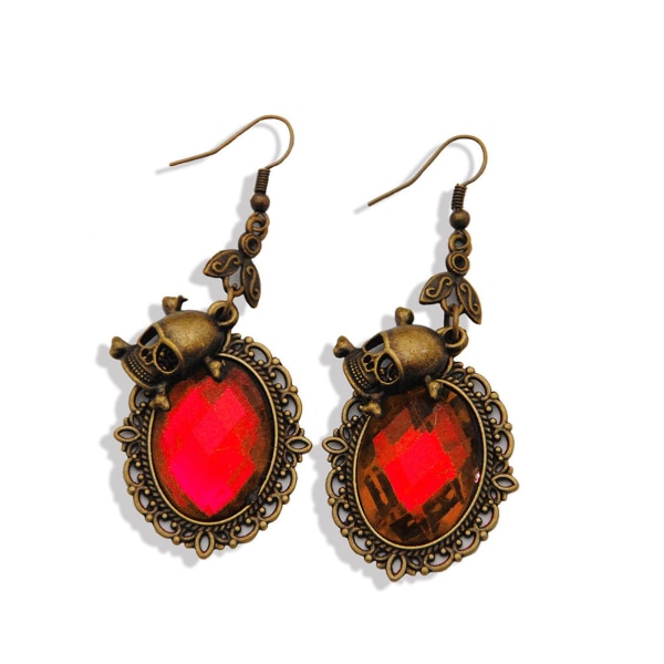 Gothic Drop Earrings Oval Rhinestone Metal Lace Drop Earrings SkullRed