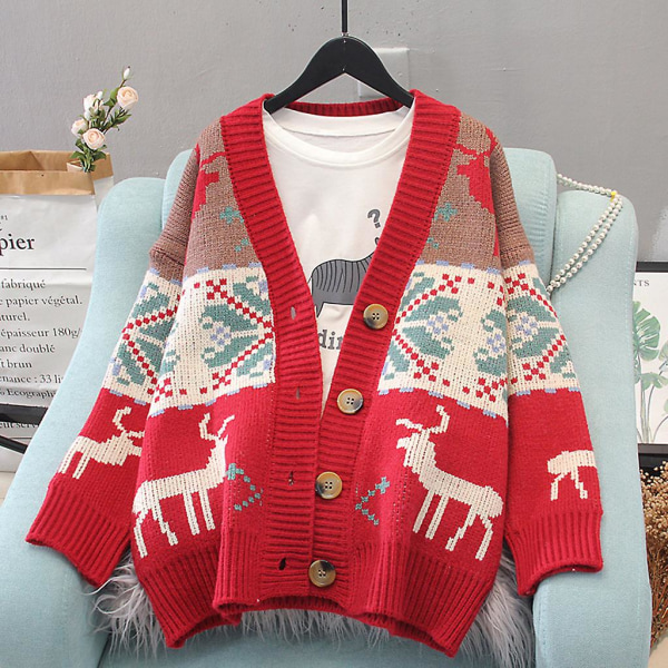Langermet genser for kvinner Cardigan Julereinsdyrknapp strikket jakke Yttertøy Grønn