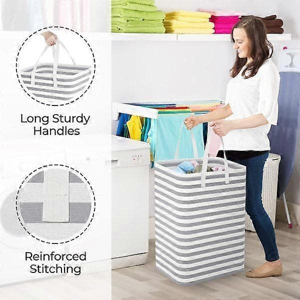 Large Laundry Basket Bag - Independent Waterproof Laundry Hamper with Extended Handle - Foldable Tall Laundry Basket Striped