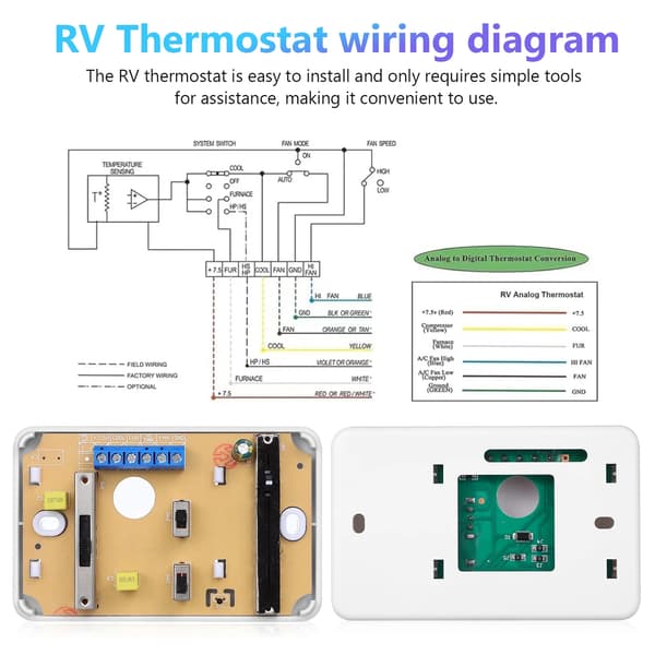 RV/Caravan Thermostat Replacement, Analog Manual Heat and Cool Controller with Clear Labels, White ABS