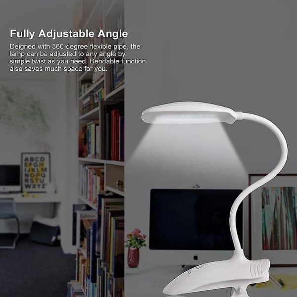 LED Reading Lamp - Rechargeable Clip-on Lamp for Desk with USB Cable, White-FM-