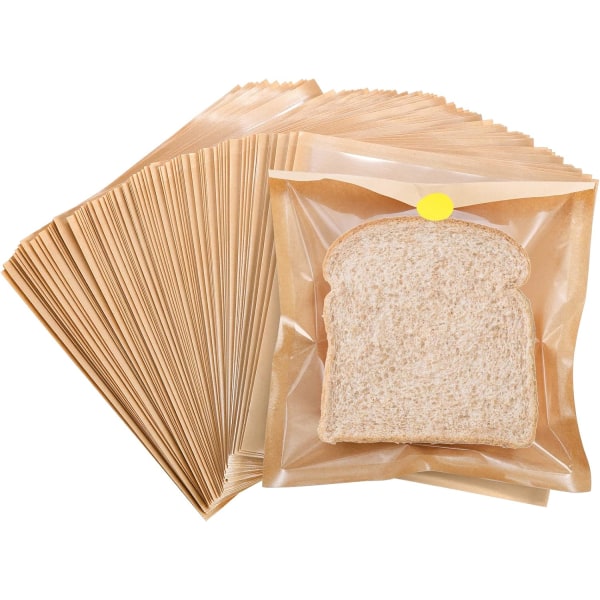 Pakke med 100 (17,8 x 19,1 cm) brødposer af klart papir med vindue til småkager, brød med klistermærker, madposer til kager, donuts, kager, gaver