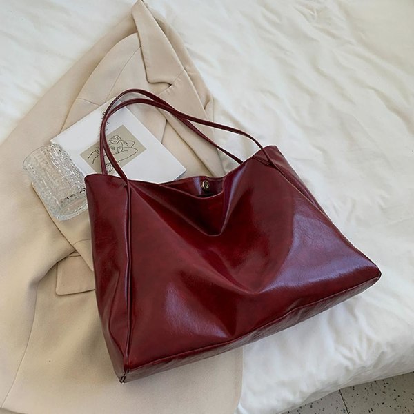 All-match Pu-leather Shoulder Bags Bucket Bag Large Capacity Tote Bag For WomenRed wine colour