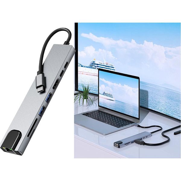 Sovitin 8-in-1 USB-C - Thunderbolt, HDMI, SD ja RJ45