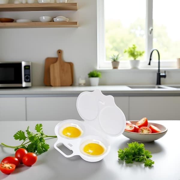 White Microwave Egg Poacher 2-Cavity Nonstick Egg Cooker with Lid Double Cup Poached Egg Maker Easy Egg Cooker Kitchen Utensil