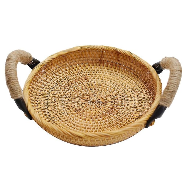 Rattan Round Basket Tray With Handle,fruit Food Storage Platters Compatible With Breakfast Drink Snack Coffee T