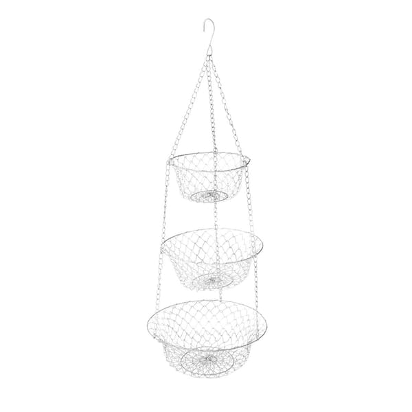 Three-tier fruit basket, kitchen storage basket for vegetables, hanging chain, space-saving, plant storage basket, fruit basket (silver)