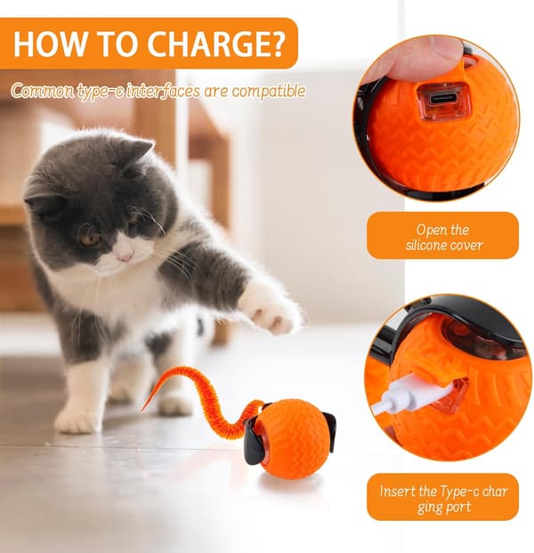 Interactive Cat Toy with Moving Tail, USB Rechargeable Orange Ball for Indoor Play and Exercise for Cats