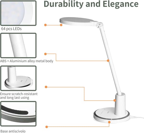 LED Desk Lamp, 10 Brightness Levels and 5 Adjustable Color Modes, Touch Control Bedside Lamp, White