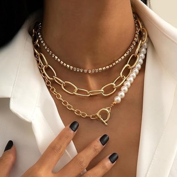 Kvinnor Flerlager Silver Guld Layered Choker Halsband Handgjorda pärlor Mode Chunky Pendant Multilayer Justerbar lager