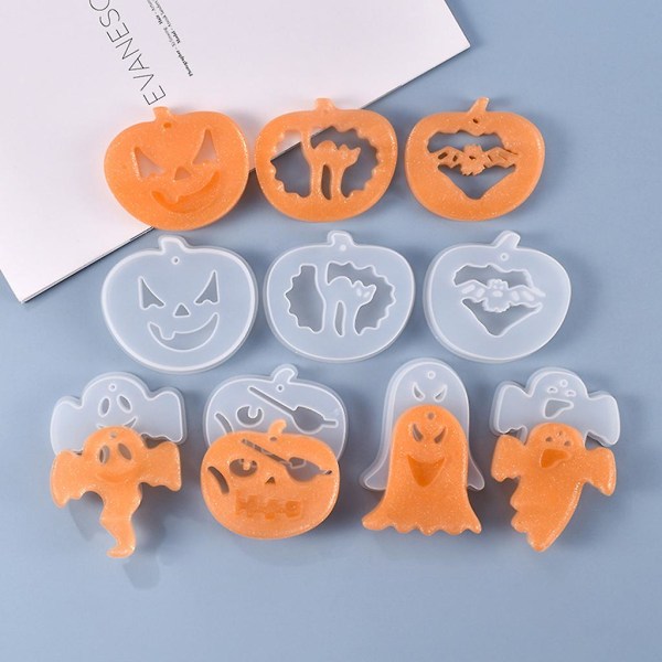 7-pack Halloween Pumpa & Spöke Hängande Skyltar Epoxihartsform Nyckelring Hänge Silikonform DIY Hantverk Smyckenform