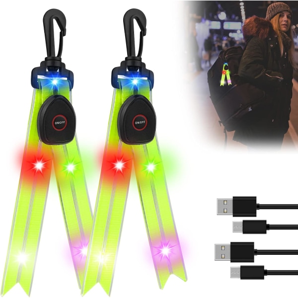 Grönt 2-pack LED-blinkande ljus för skolväska-reflektorer med färgglada ljus, USB-laddningsbar reflektor för jogging, vandring, löpning