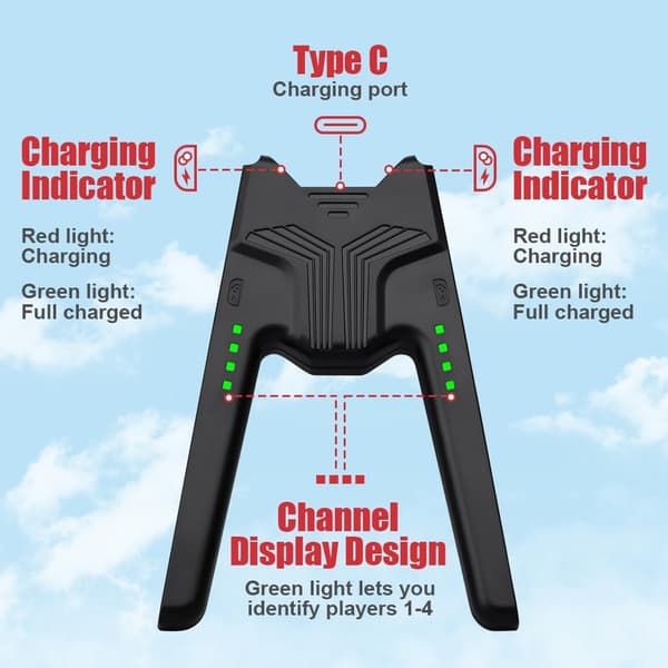 wxsp Laddningsgrepp, för Nintendo Switch NS/Switch OLED, laddningsgrepp med LED-display, laddningsgrepp för V-formad handkontroll, tillbehör, USB Typ