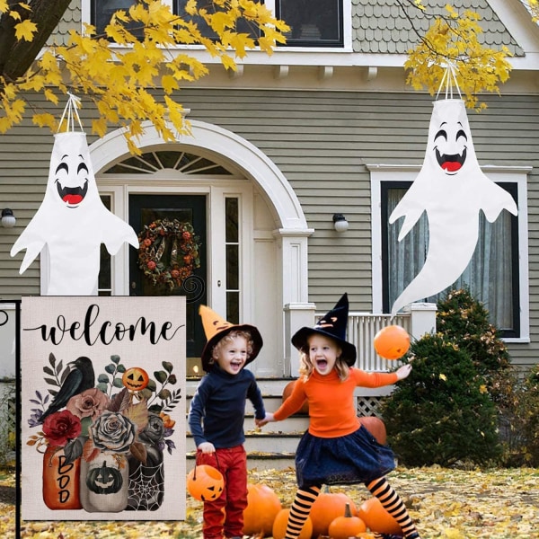 Halloween Välkommen Trädgårdsflagga Blommig Dubbelsidig  Lantgårdsgård Säsongsbetonad Semester Utomhus Dekoration 12×18 Tum