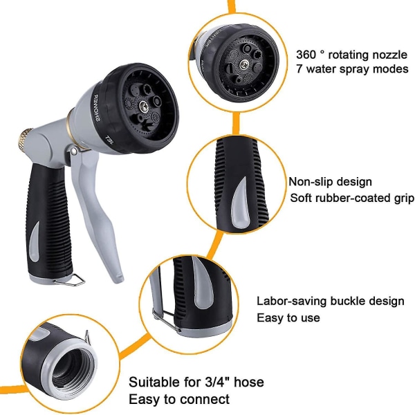 En slangmunstycke, duty metallslangmunstycke, 7 justerbara funktionsslangmunstycken kompatibla med växter och gräsmatta, biltvätt,