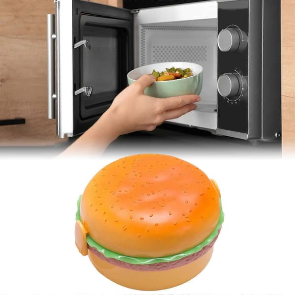 Cartoon Hamburger Lunch Box, 3 Compartment Bento Box with Fork and Spoon Food Storage Container for Kids Adults Work
