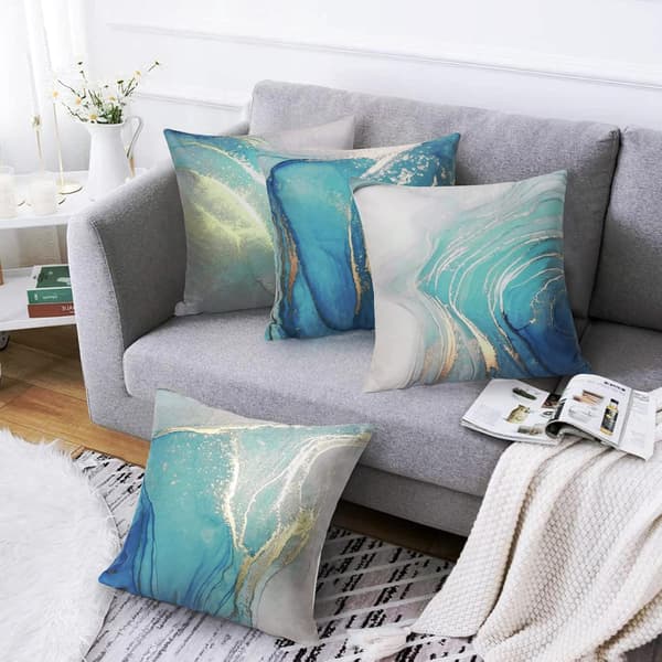 Pillowcase 45x45 cm Set of 4 Marble Pattern Turquoise & Gold Decorative