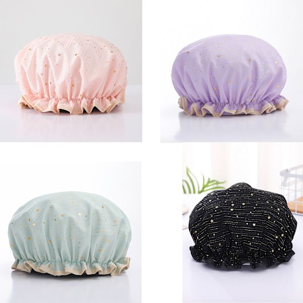 Duschmössa för kvinnor, stretchig duschmössa, dubbellagers duschmössa för kvinnor, elastiskt band för kvinnor, dusch, spa, salong, 4-pack