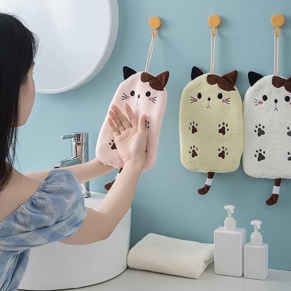 Microfiber Hanging Towels Absorbent Quick-Drying Towel Soft Coral Velvet Cat Shaped Towel with Ring for Kitchen Bathroom
