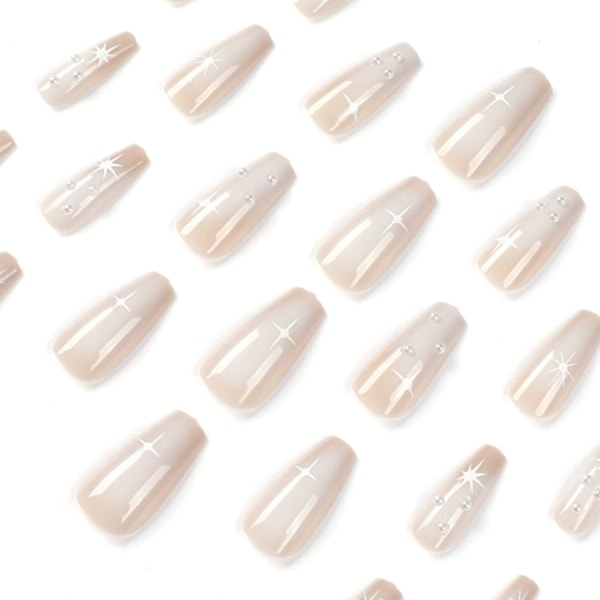 Kisteformede påsætningsnegle Medium Perle Lim på Negle Blank Ballerina Gel Kunstige Negle Brun Gradient Fuld Dækning Akryl Falske Negle med Stjernedesign 24 stk