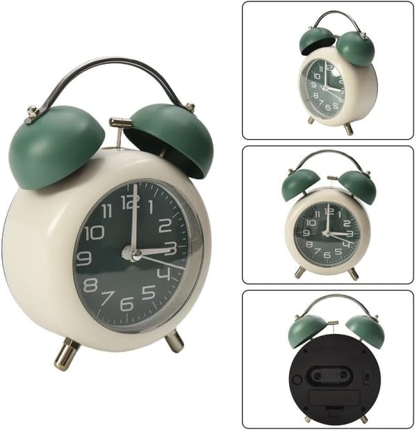 (Green) Compact metal alarm clock with twin bells and luminous dial, perfect for small spaces