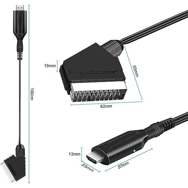 SCART til HDMI-adapter, SCART til HDMI-konverter med HDMI-kabel til 720P/1080P Full HD TV, lydvideo til Blu-ray DVD-afspiller STB VHS Xbox PS3