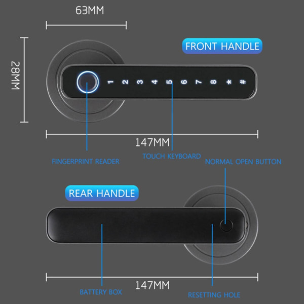 Smart Dørlås med fingeraftryk, nøglefri Bluetooth Dørknop, Biometrisk Lås Dørlås med Fingerpr