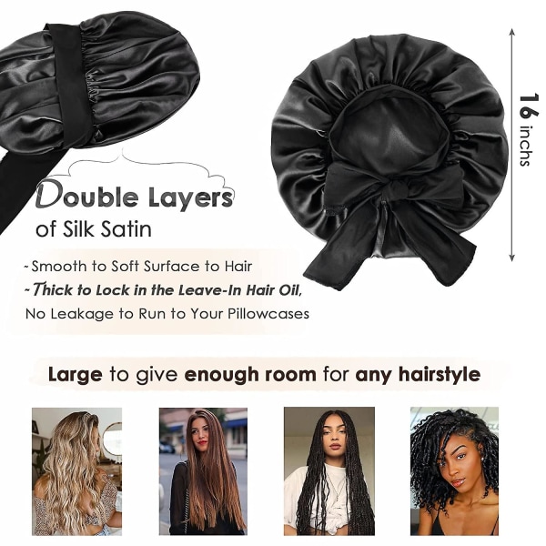 Svart Satin Silk Bonnet för att sova Dubbla Layer Satin Fodrad hårbonet