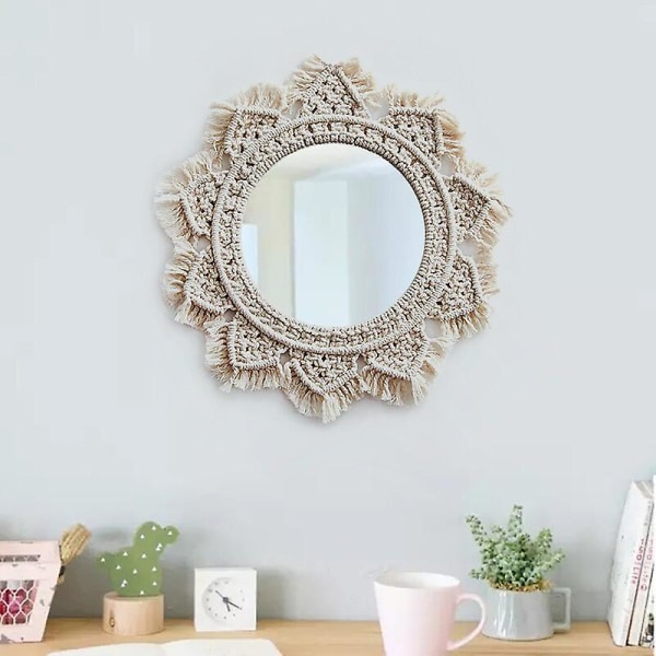 Hengende Veggspeil Med Macrame Frynse Rundt Speil Art Boho Dekor For Leilighet Living