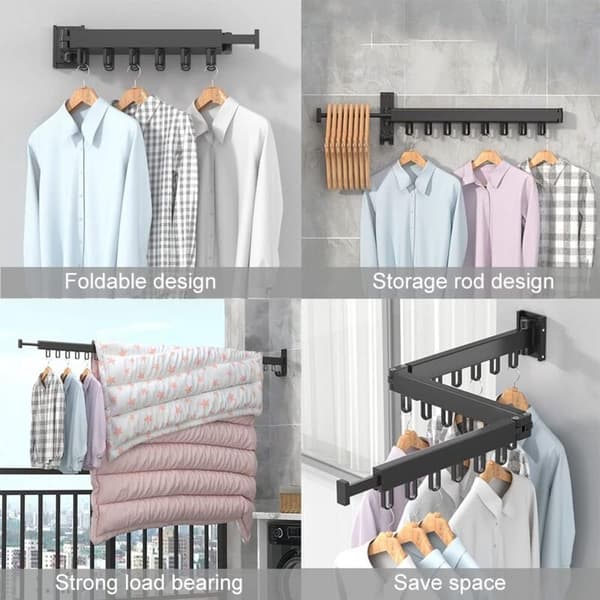 Wall Mounted Retractable Clothes Rack with Hooks, 360° Rotatable, Tri-Foldable for Balcony, Laundry Room (Black)