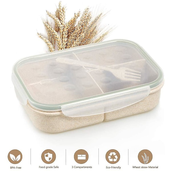 Madkasse med 3 Rum Lækagesikker Bento Box med Bestik Velegnet til Børn & Voksne