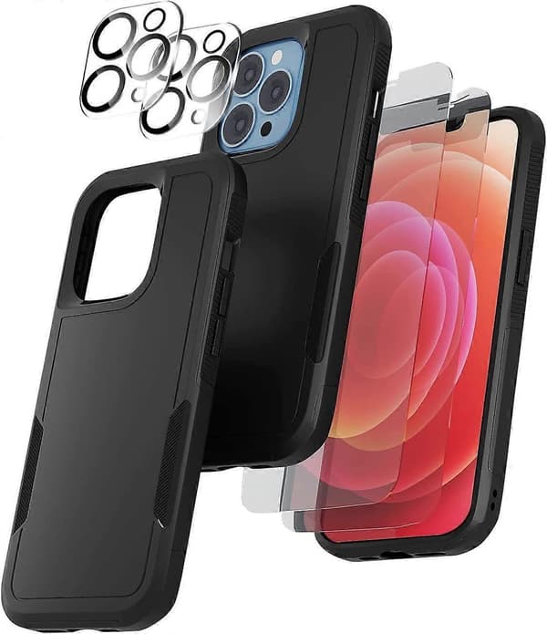 [5 in 1] Shockproof Protective Case for iPhone 14 with 2-pack Tempered Glass Screen Protector + 2-pack Camera Lens Protector Case