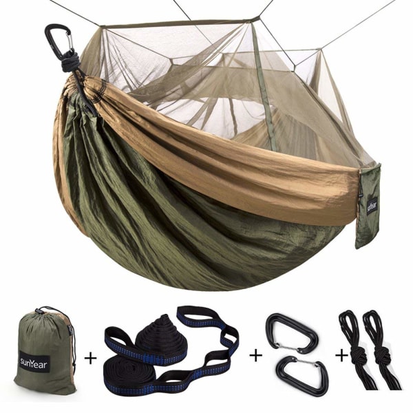 Campinghängmatta, bärbar dubbelhängmatta med nät, hängmattält för 2 personer med remmar, bäst för vandring utomhus
