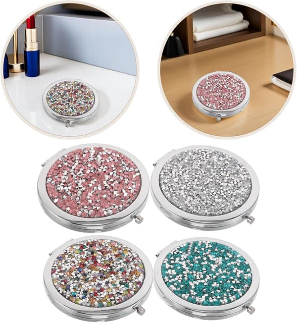 4 Pcs Portable Pocket Mirrors with Crystal Rhinestones, Double-Sided Round Compact Makeup Mirrors, Silver